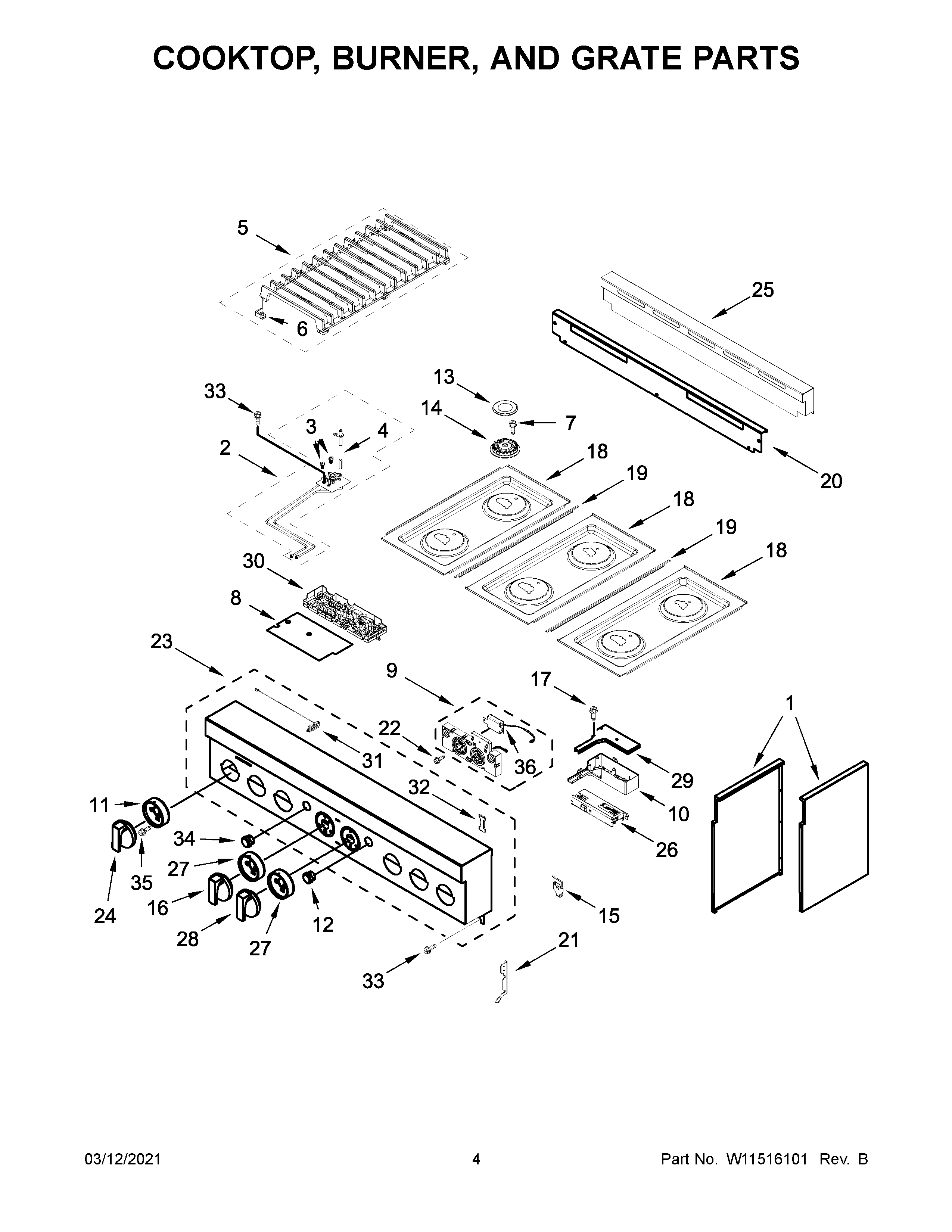 COOKTOP, BURNER, AND GRATE PARTS