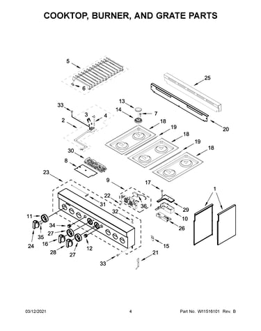 Cooktop, burner, and grate parts