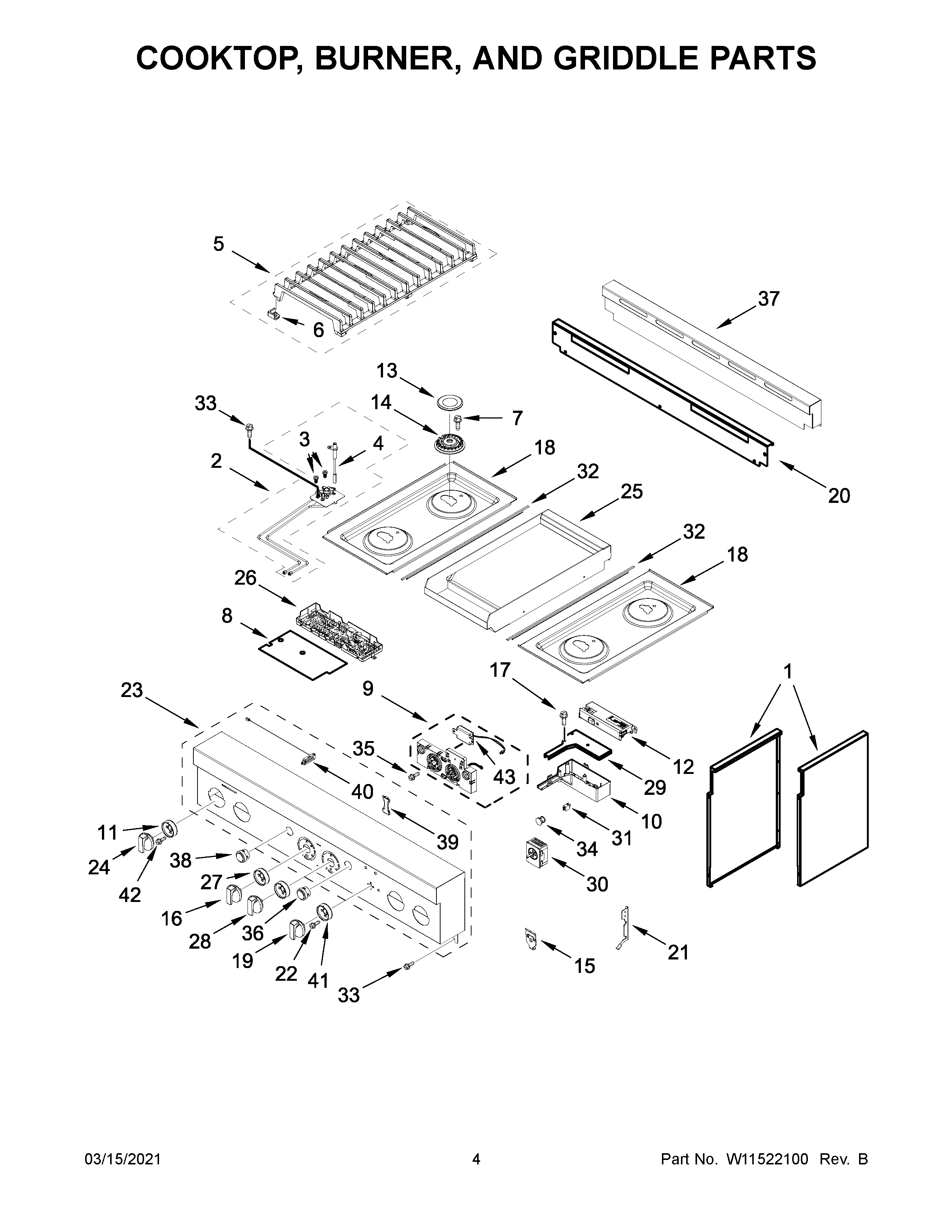 Cooktop, burner, and griddle parts