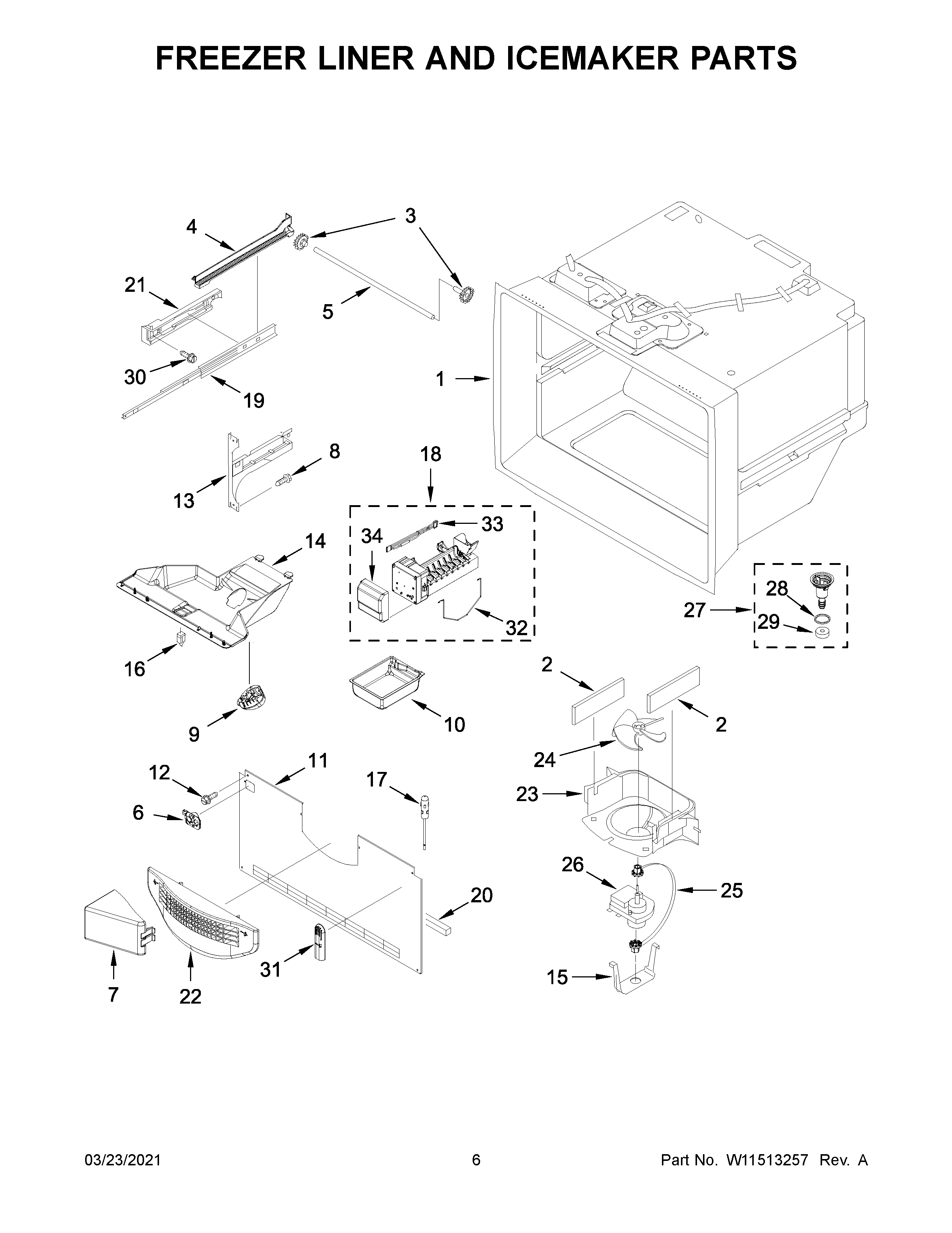 Freezer liner and icemaker parts