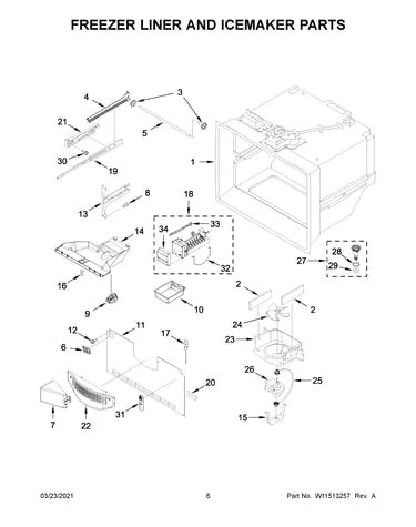 Freezer liner and icemaker parts