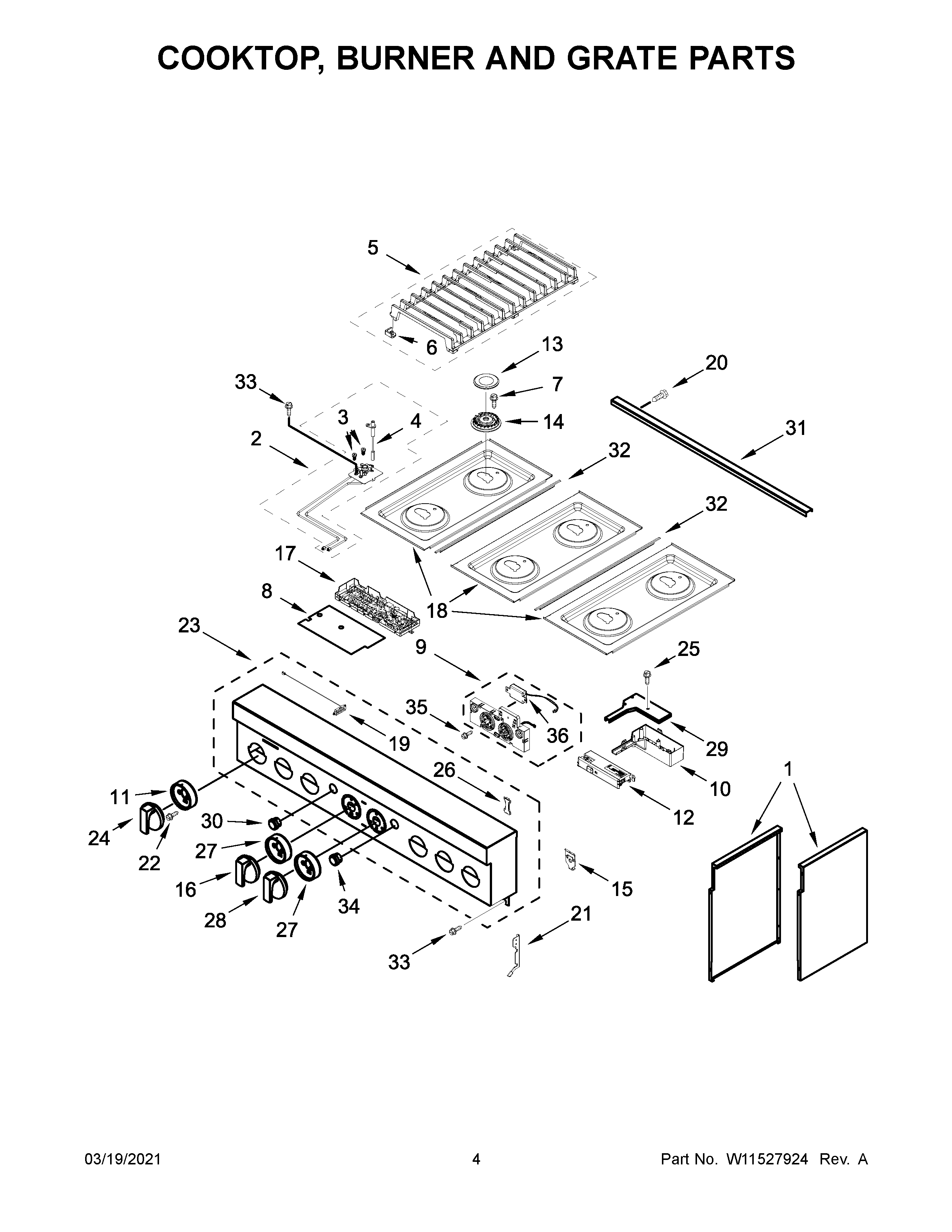 Cooktop, burner and grate parts
