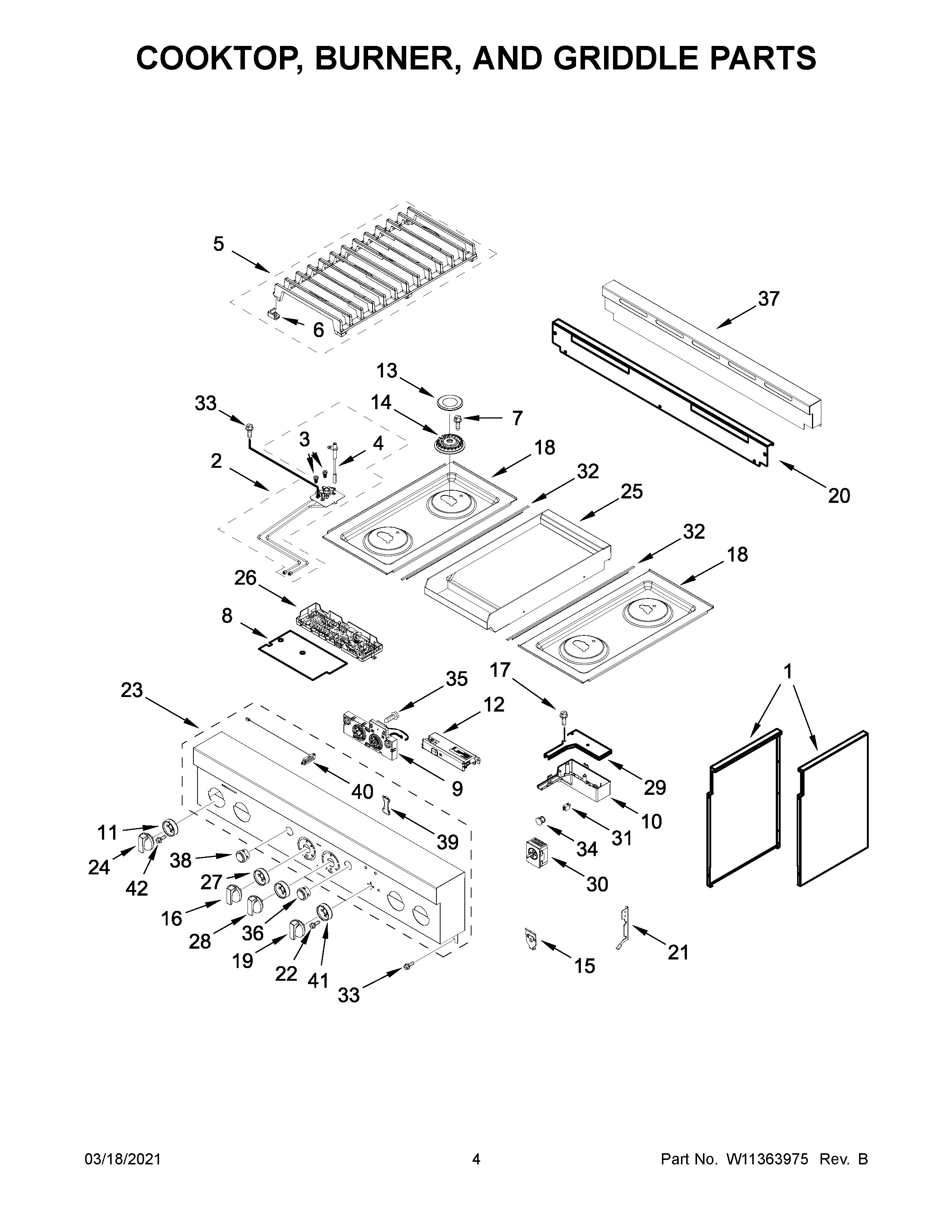 Cooktop, burner, and griddle parts