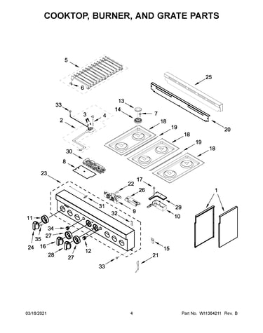 Cooktop, burner, and grate parts