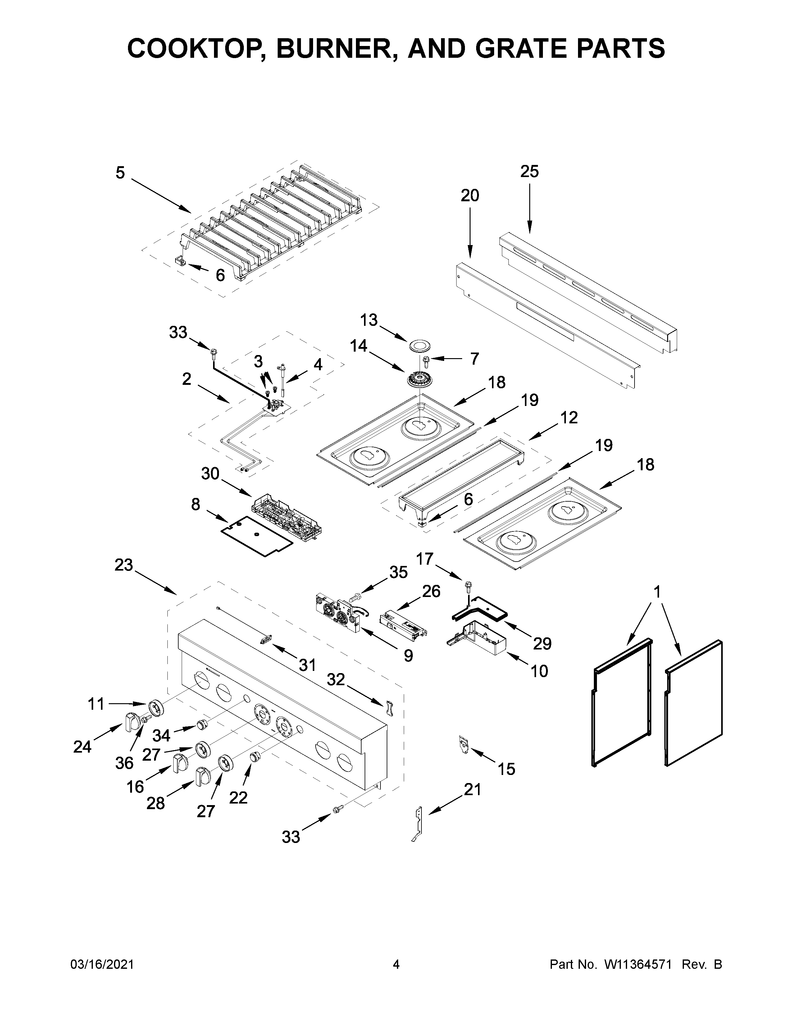 Cooktop, burner, and grate parts