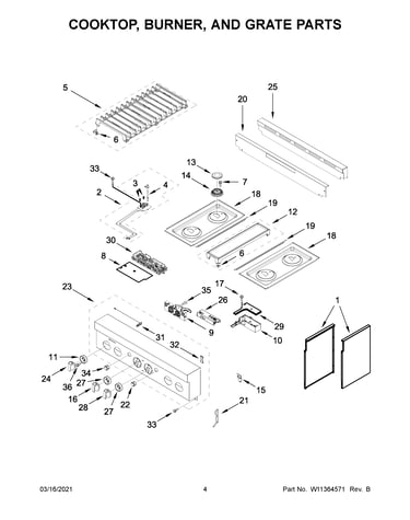 Cooktop, burner, and grate parts