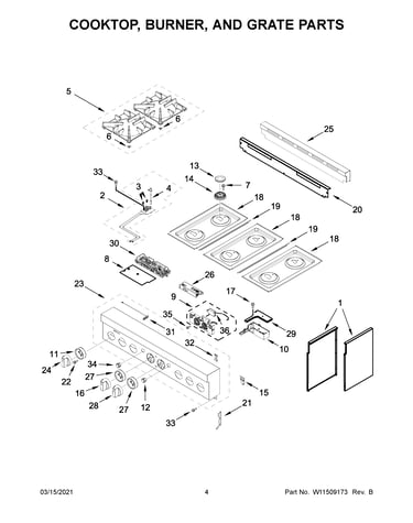 Cooktop, burner, and grate parts