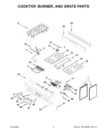 Cooktop, burner, and grate parts