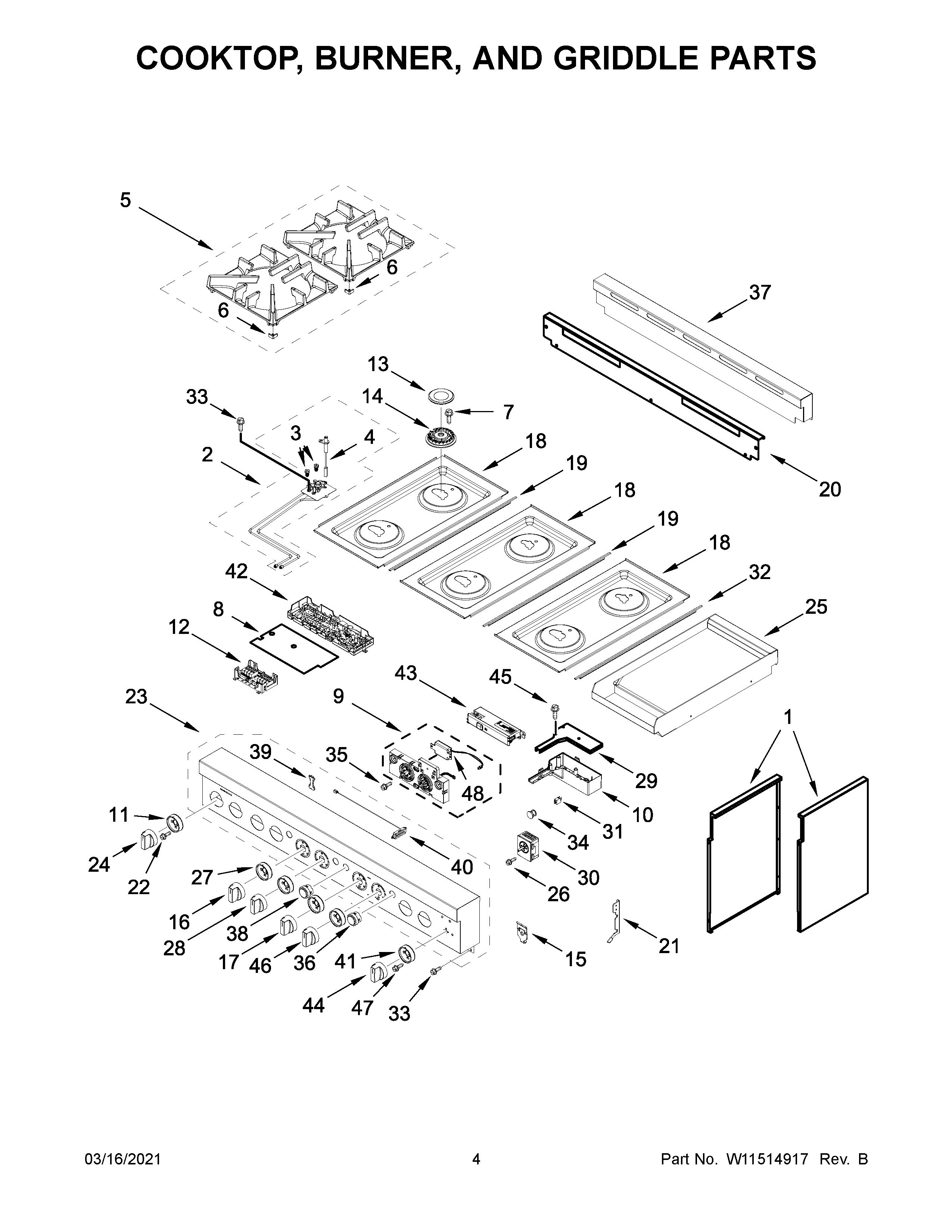 Cooktop, burner, and griddle parts