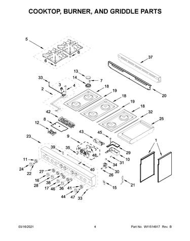 Cooktop, burner, and griddle parts