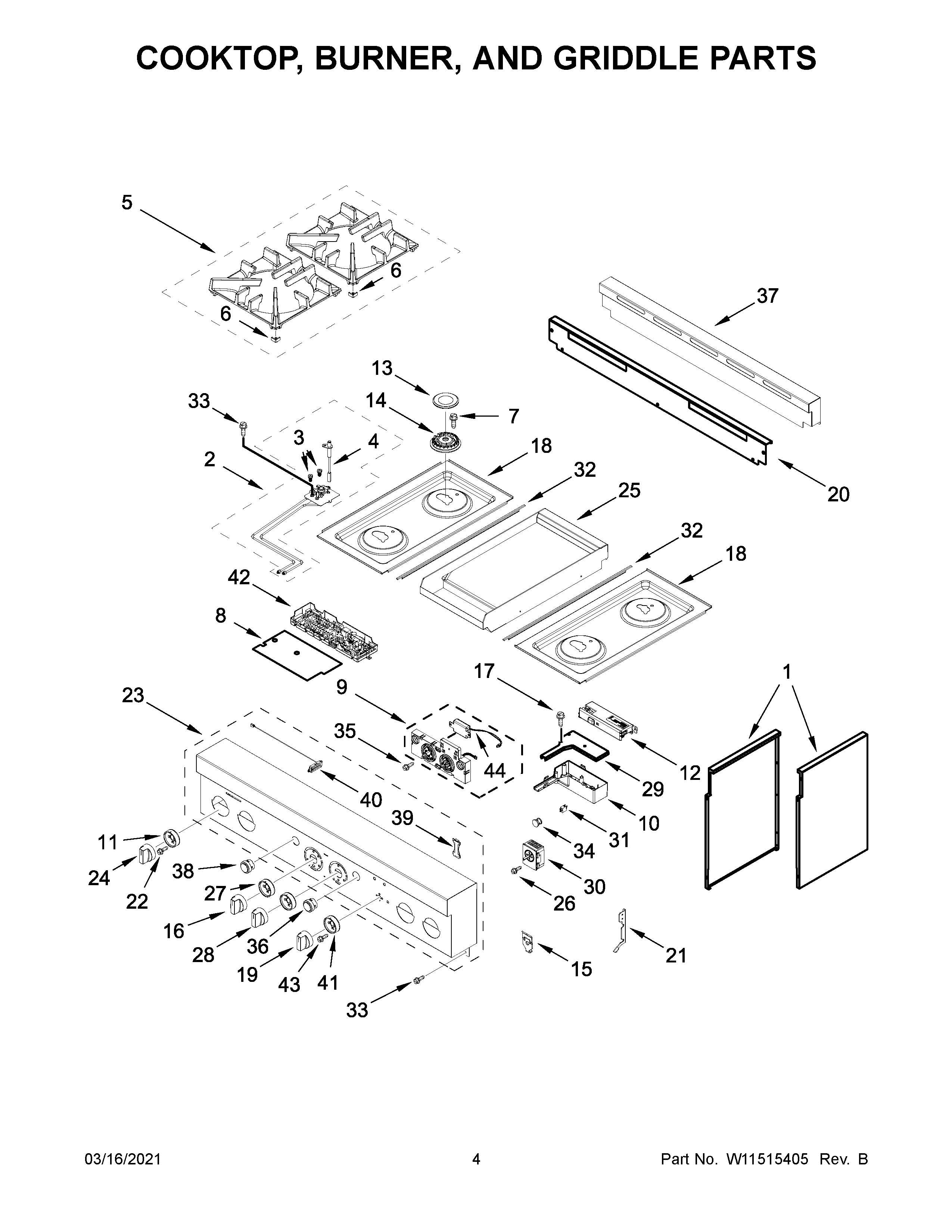 Cooktop, burner, and griddle parts