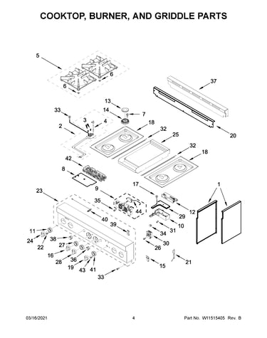 Cooktop, burner, and griddle parts