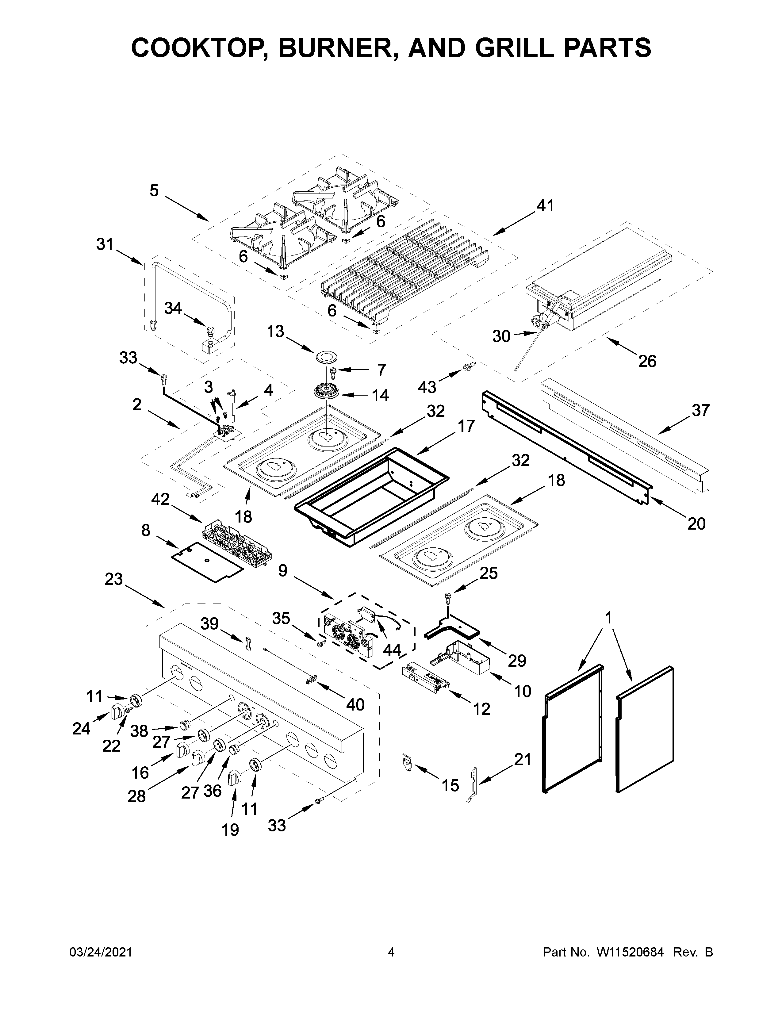 Cooktop, burner, and grill parts