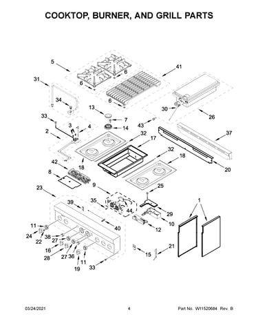 Cooktop, burner, and grill parts