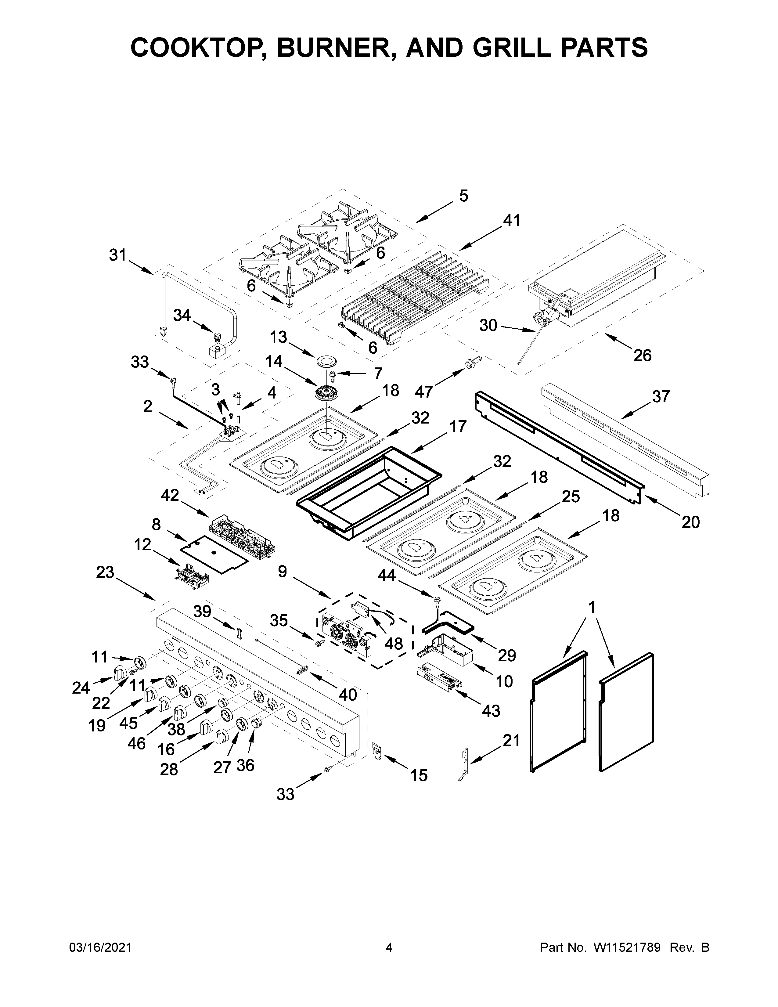 Cooktop, burner, and grill parts