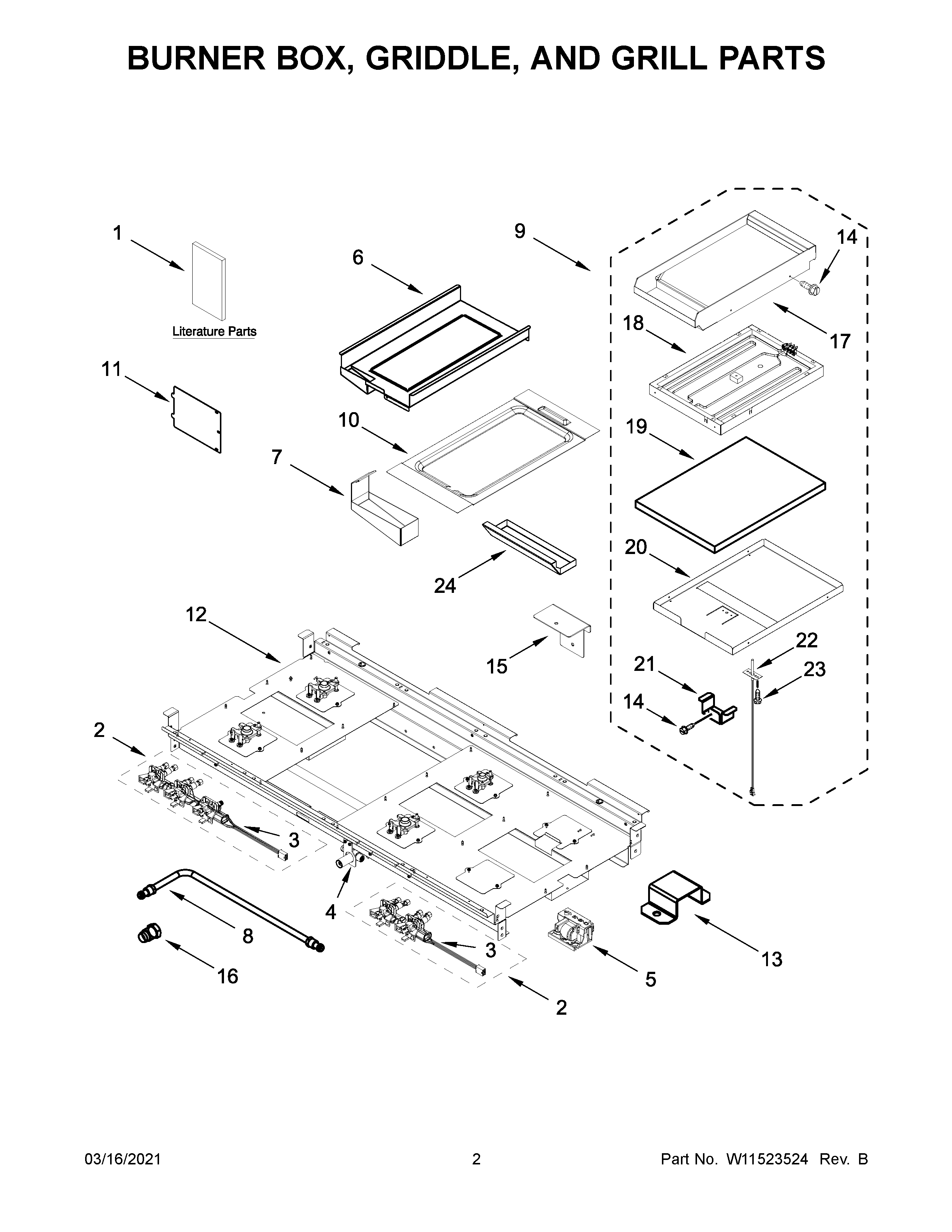Burner box, griddle, and grill parts