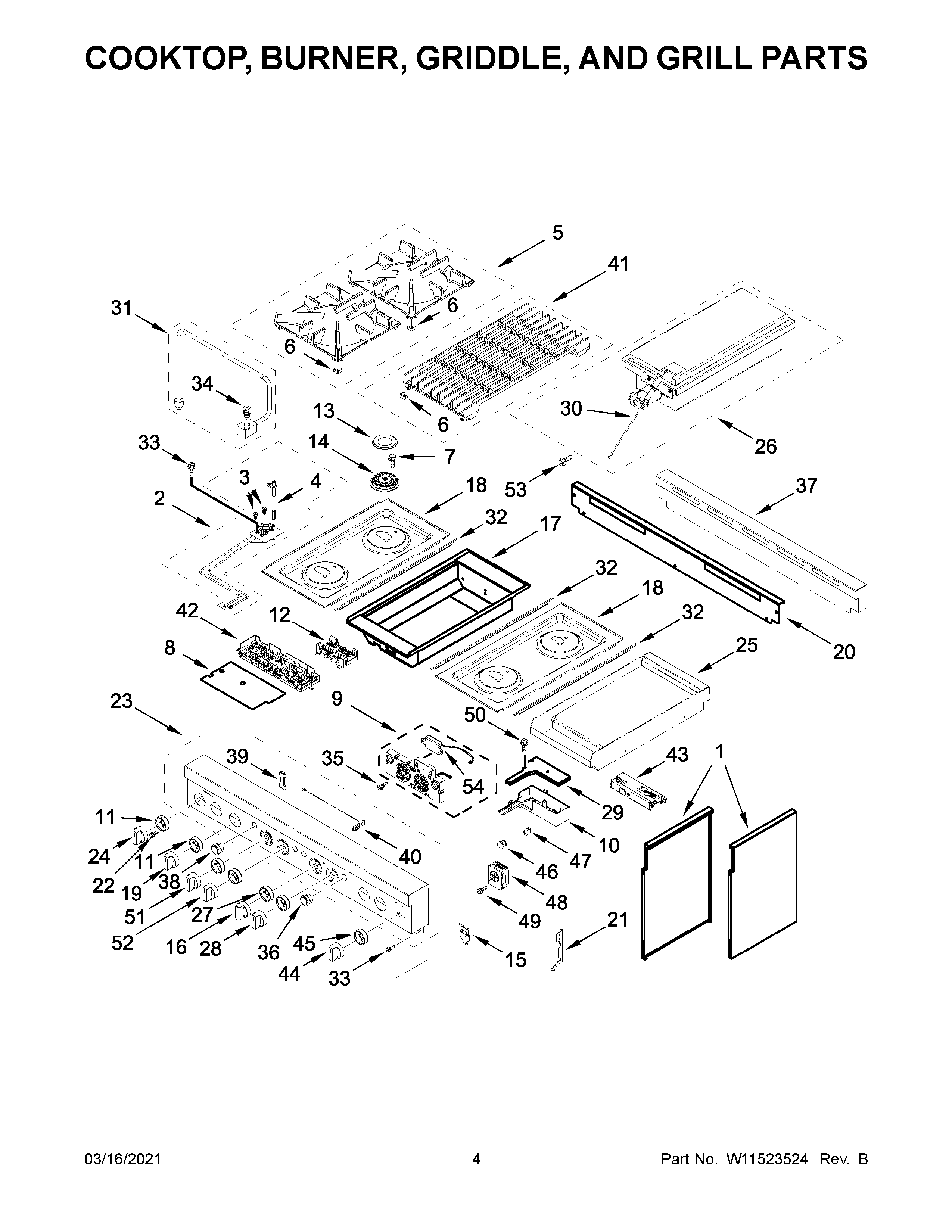 Cooktop, burner, griddle, and grill parts