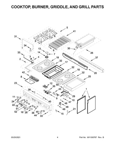 Cooktop, burner, griddle, and grill parts