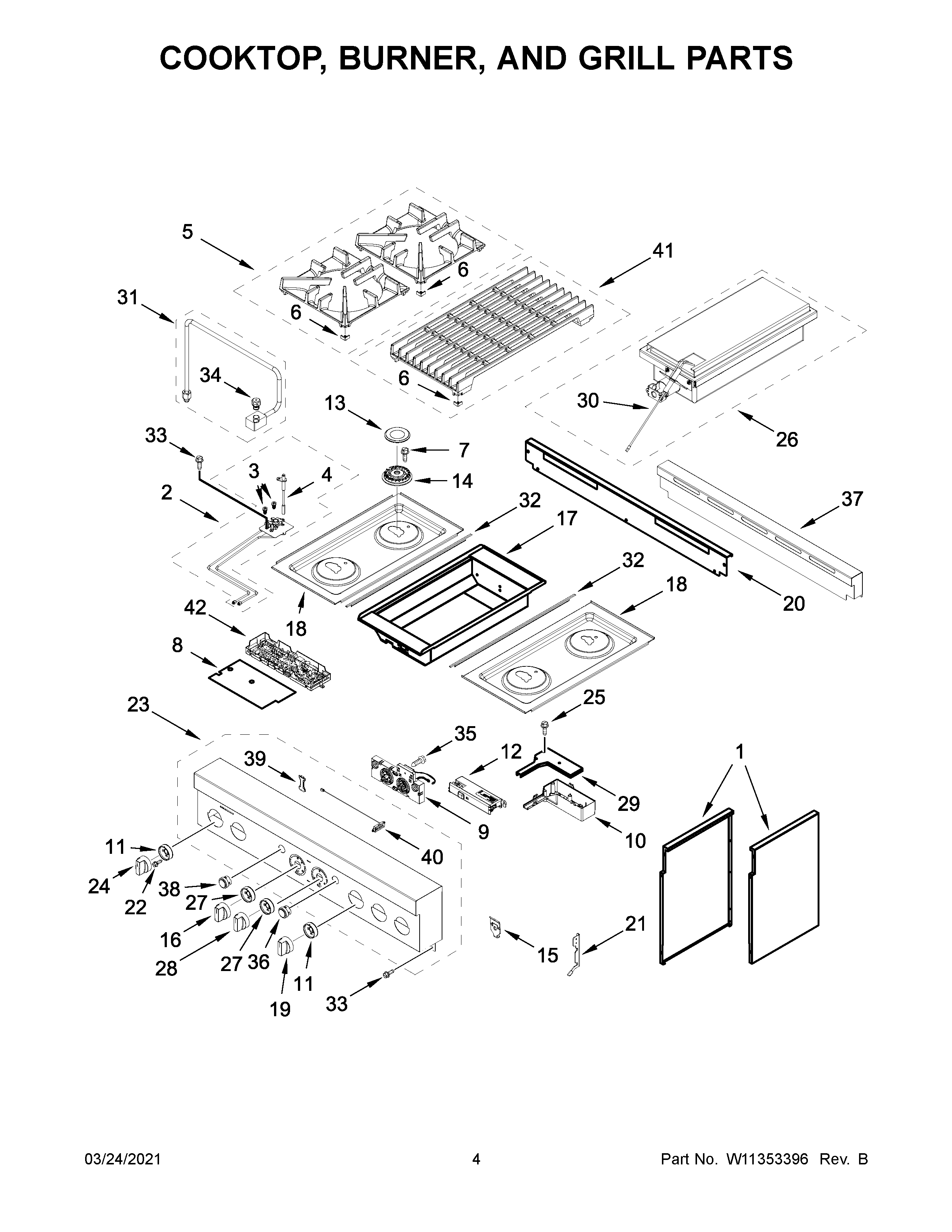 Cooktop, burner, and grill parts