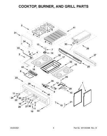 Cooktop, burner, and grill parts