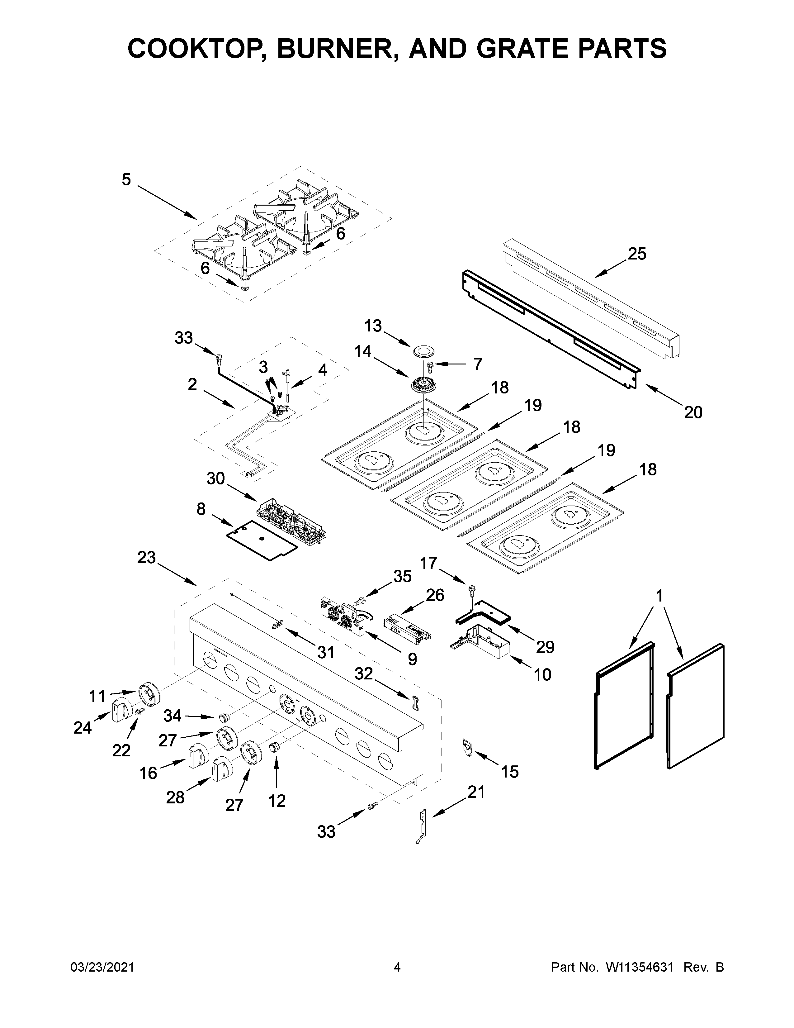 Cooktop, burner, and grate parts