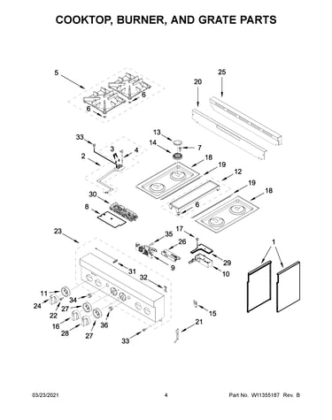 Cooktop, burner, and grate parts
