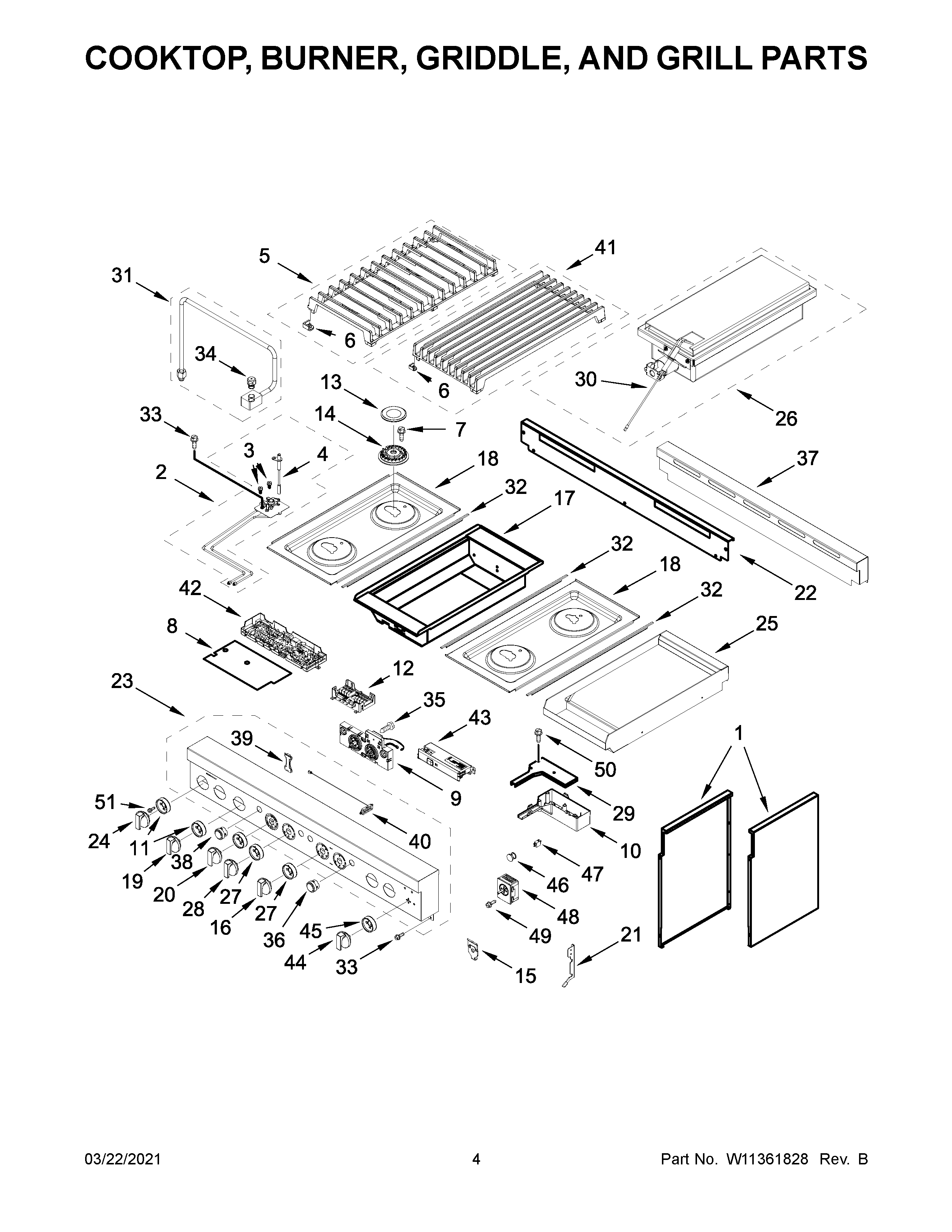 Cooktop, burner, griddle, and grill parts