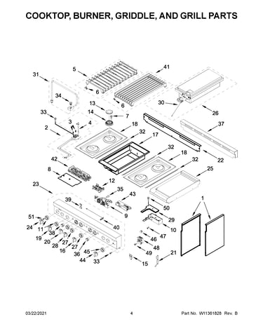 Cooktop, burner, griddle, and grill parts