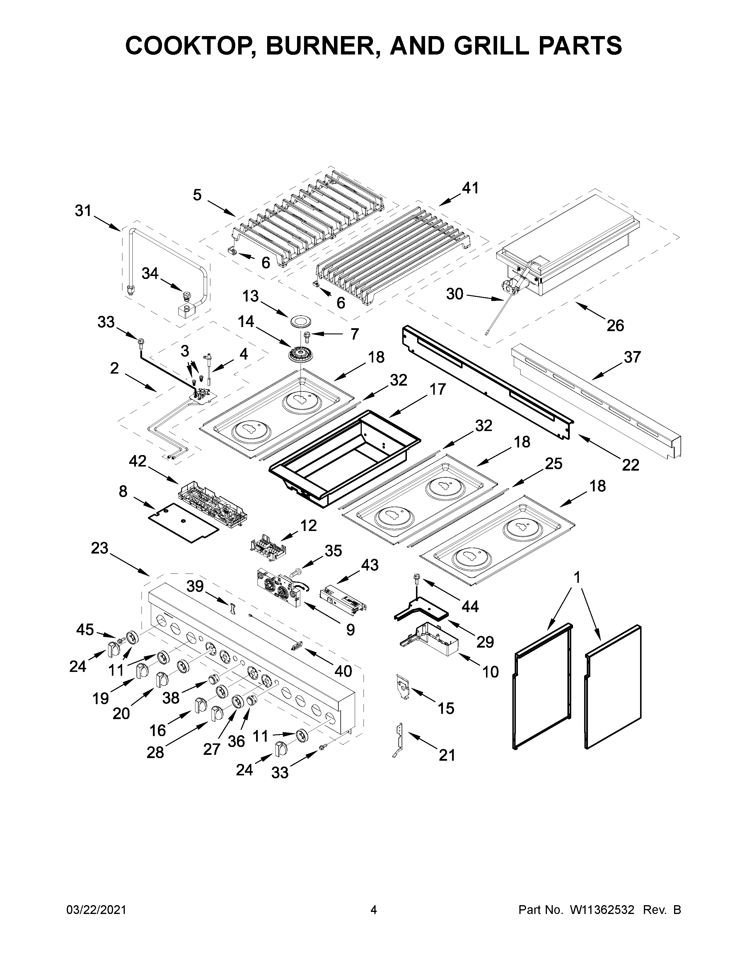 Cooktop, burner, and grill parts