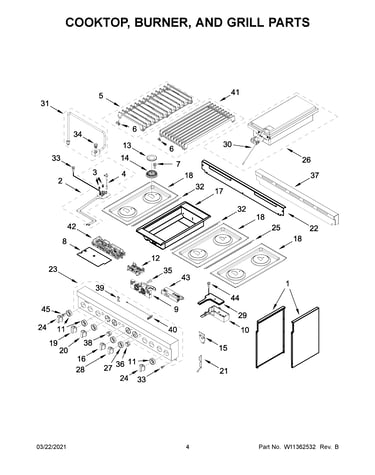 Cooktop, burner, and grill parts