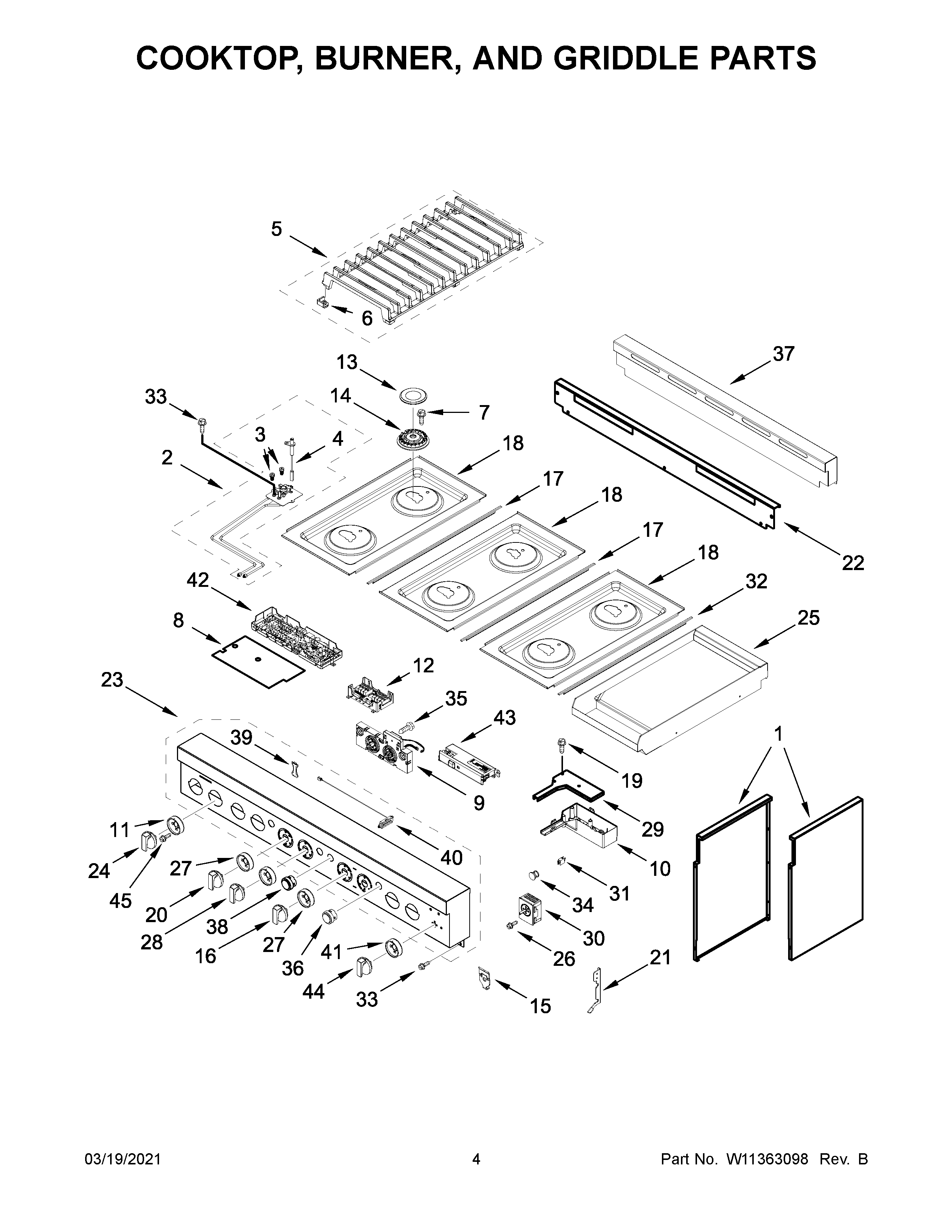 Cooktop, burner, and griddle parts