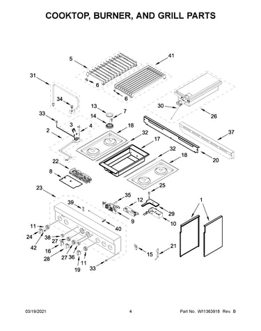 Cooktop, burner, and grill parts