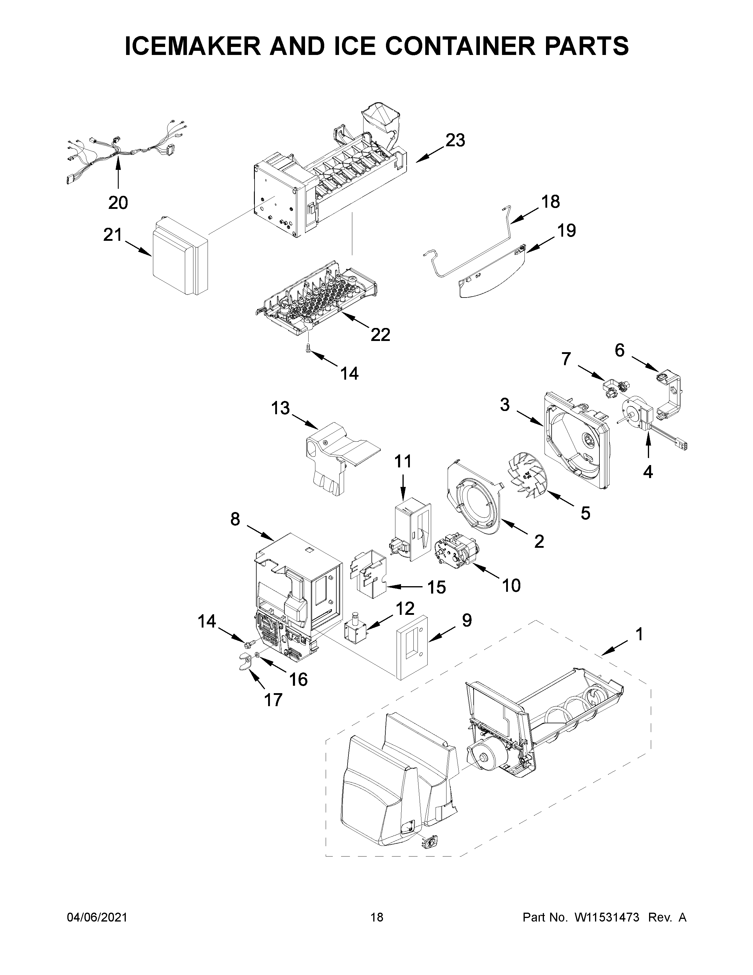 Icemaker and ice container parts