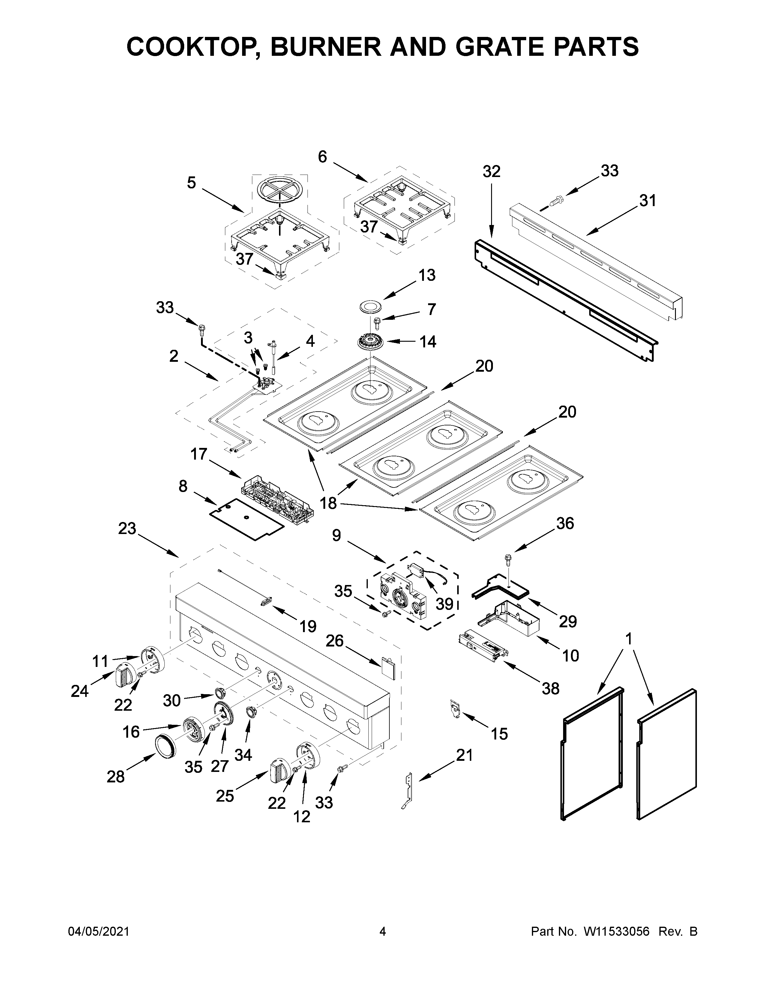 Cooktop, burner and grate parts