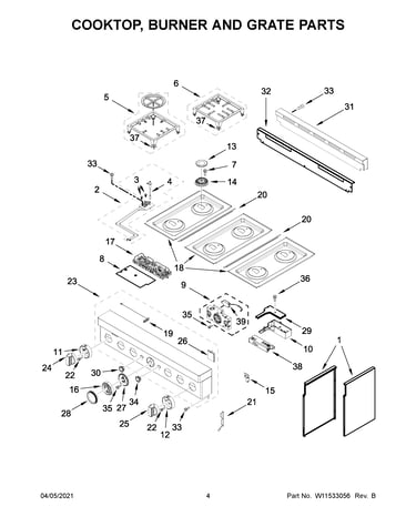 Cooktop, burner and grate parts