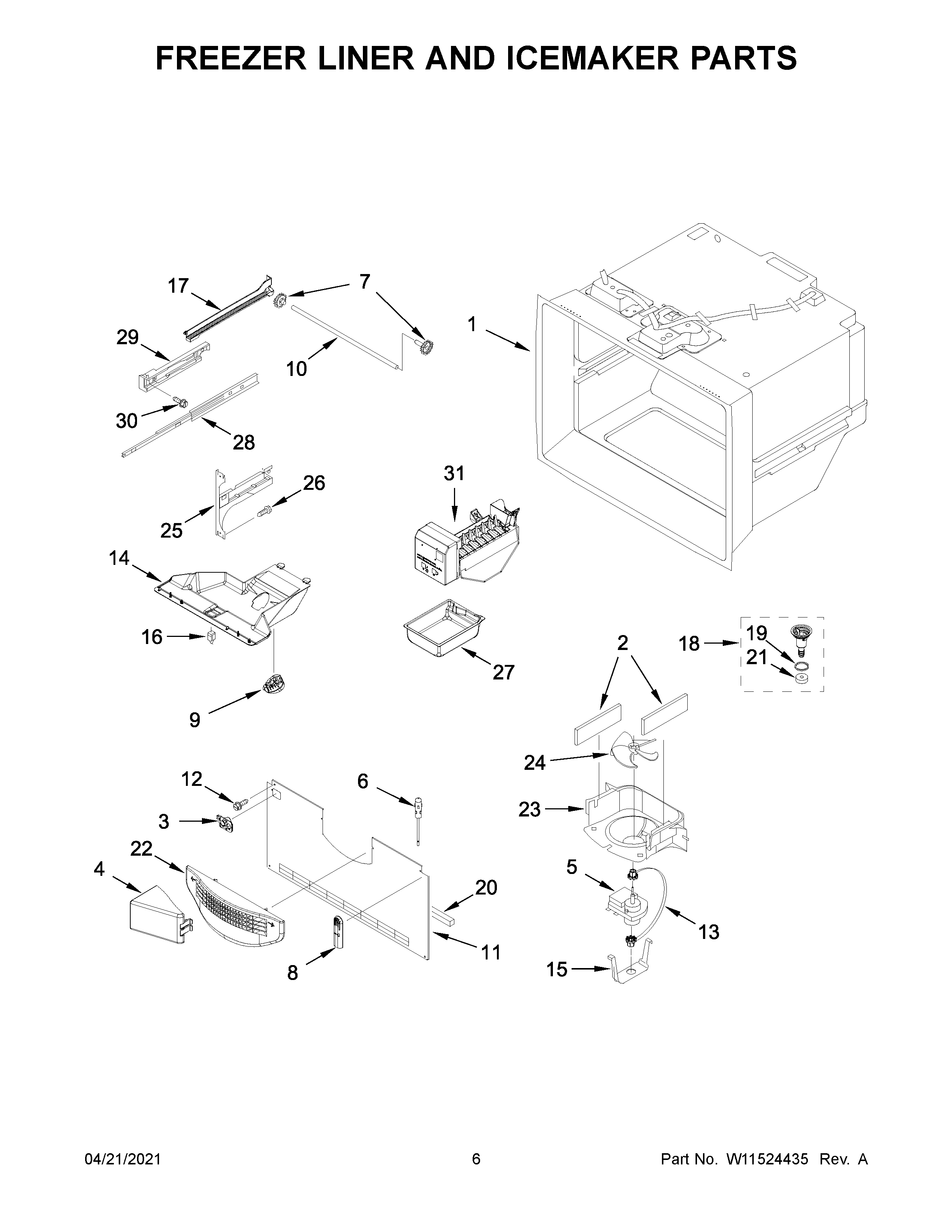 Freezer liner and icemaker parts