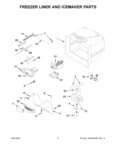 Freezer liner and icemaker parts