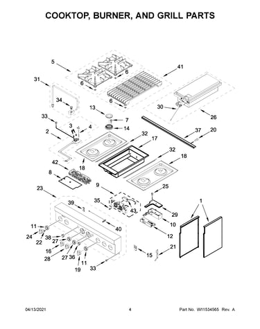 Cooktop, burner, and grill parts