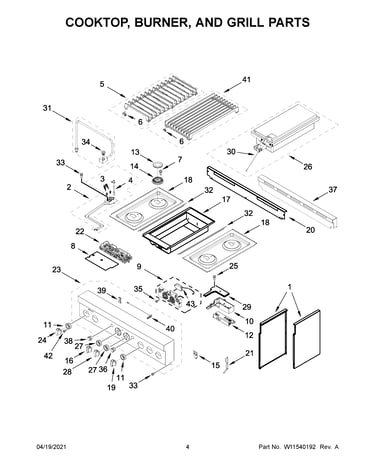 Cooktop, burner, and grill parts