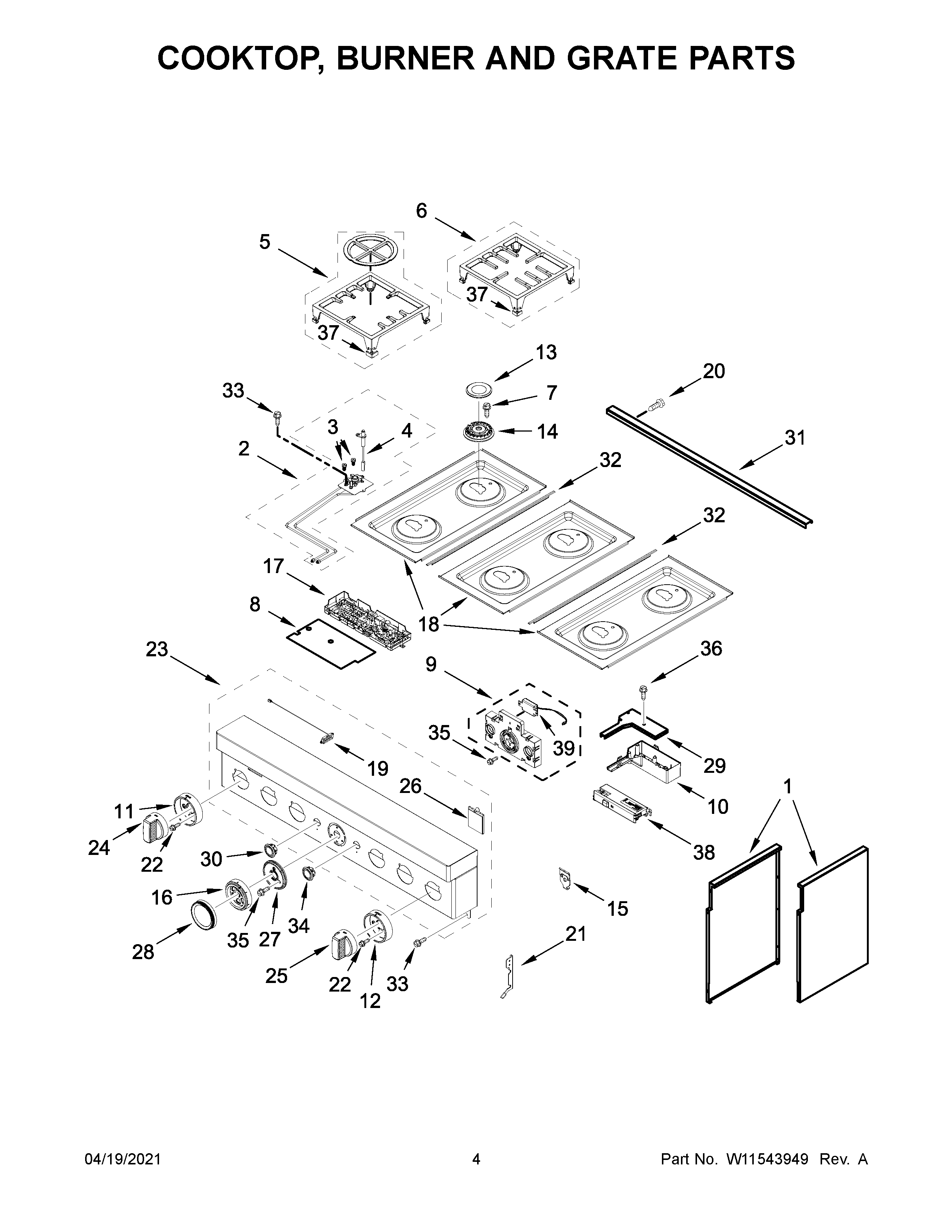 Cooktop, burner and grate parts