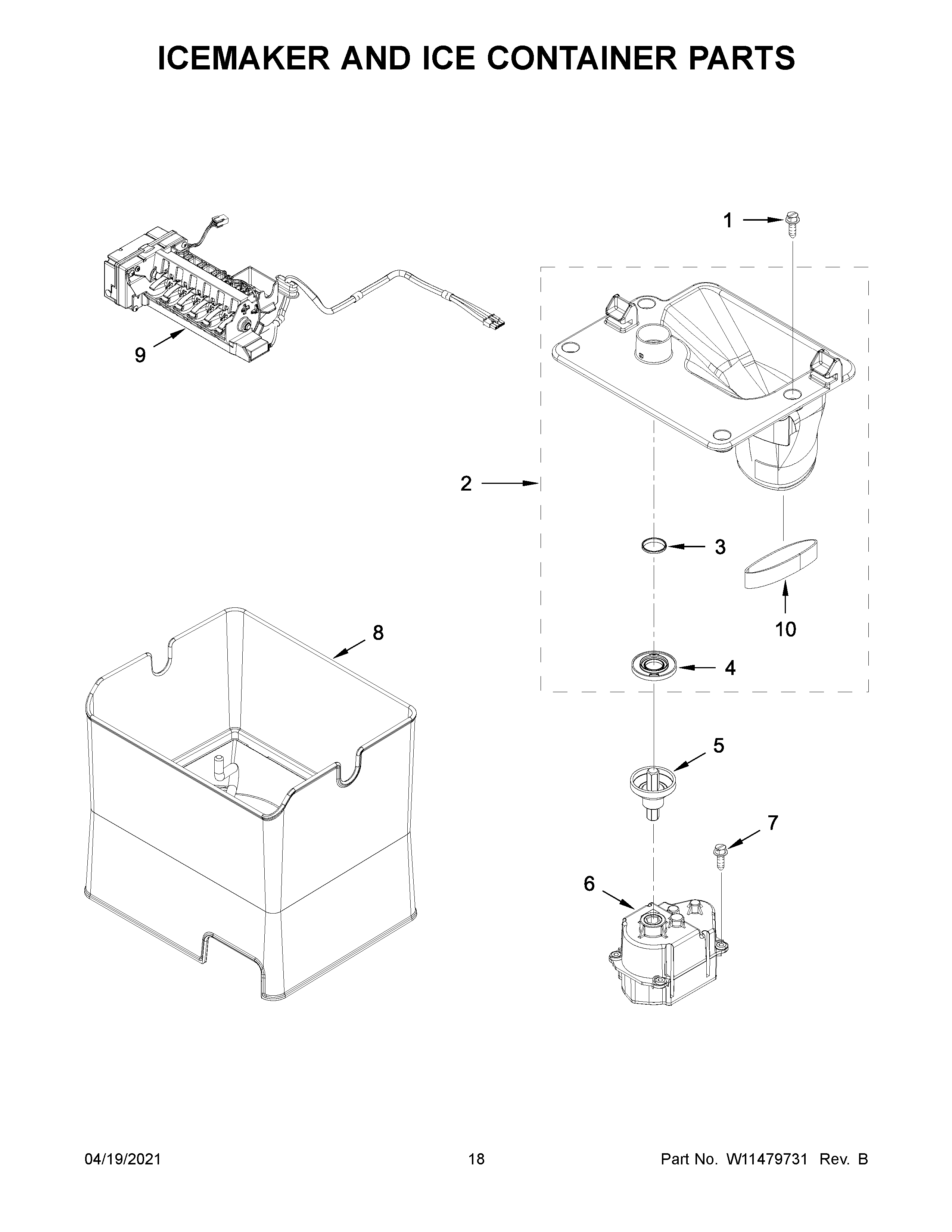 Icemaker and ice container parts