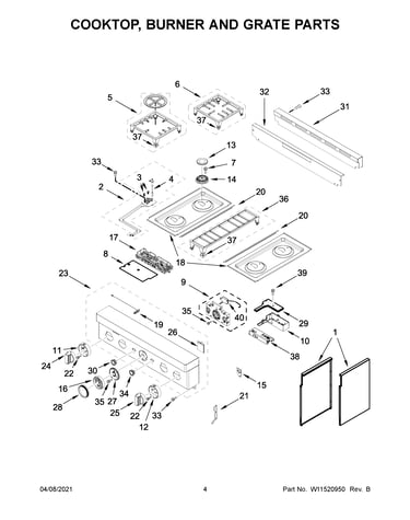 Cooktop, burner and grate parts