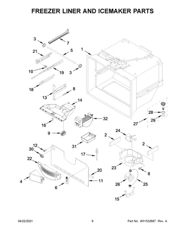Freezer liner and icemaker parts