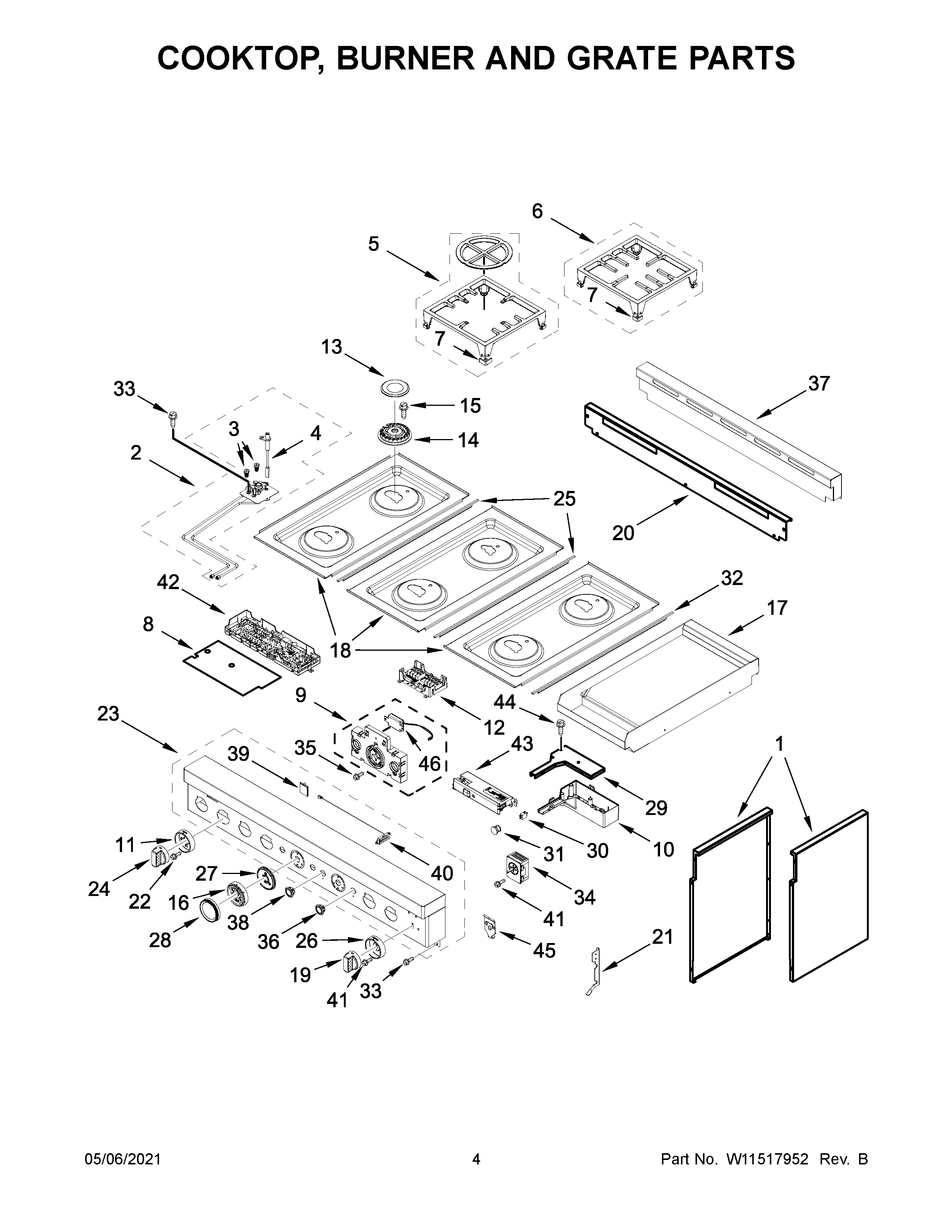 Cooktop, burner and grate parts