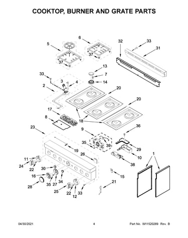 Cooktop, burner and grate parts