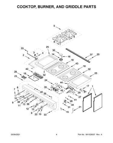 Cooktop, burner, and griddle parts