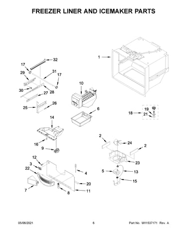 Freezer liner and icemaker parts