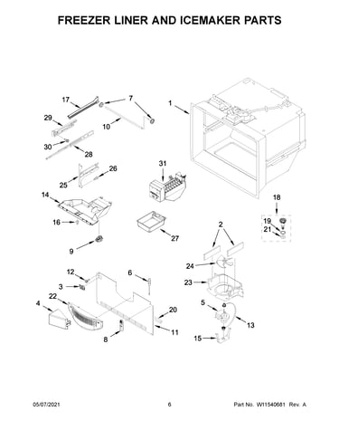 Freezer liner and icemaker parts