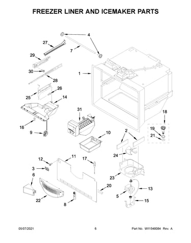 Freezer liner and icemaker parts