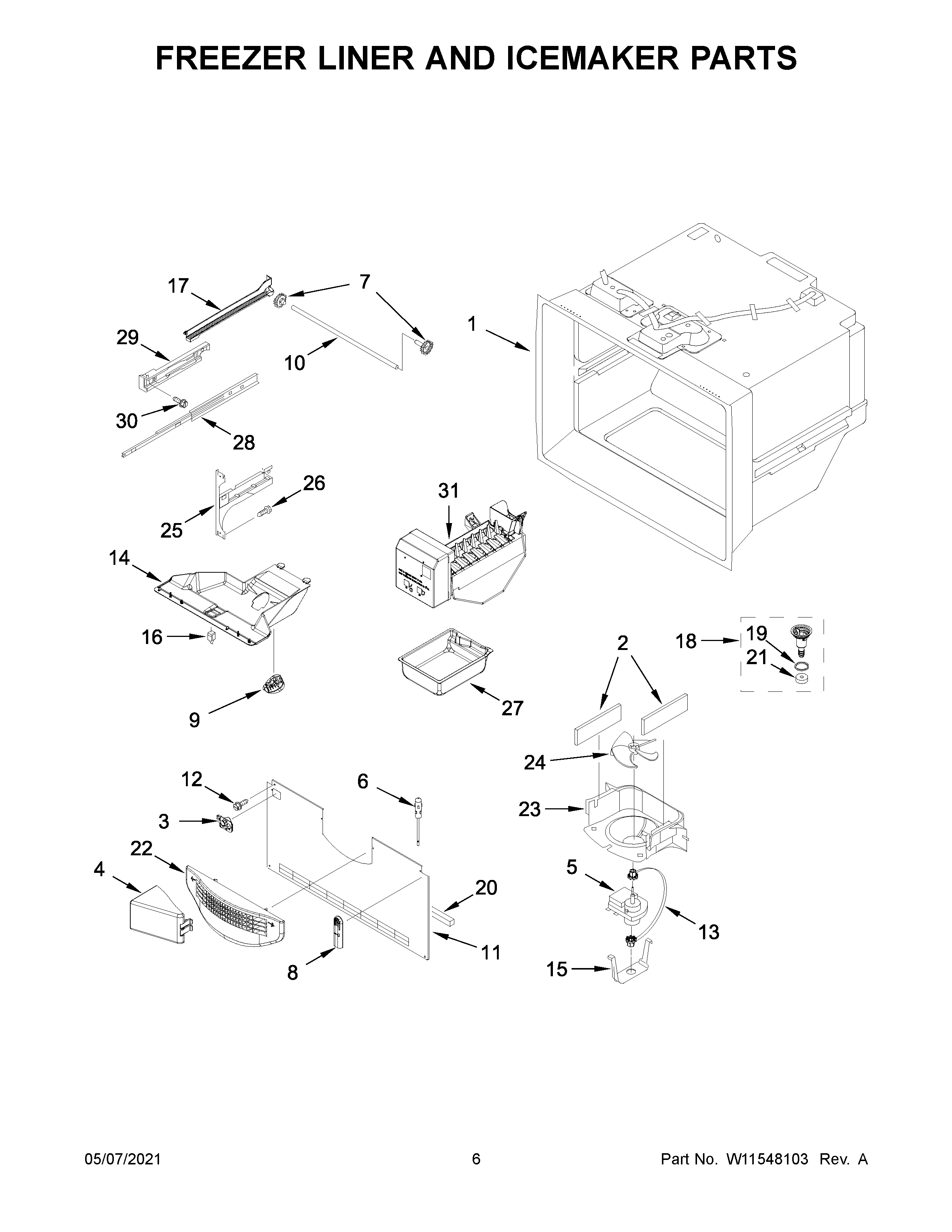Freezer liner and icemaker parts